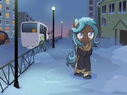 Size: 1580x1182 | Tagged: safe, artist:amarantastar, imported from derpibooru, oc, oc only, earth pony, pony, carriage, city, clothes, hoof shoes, jacket, snow, solo