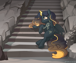 Size: 2250x1886 | Tagged: safe, artist:amarantastar, imported from derpibooru, oc, oc only, alicorn, pony, alicorn oc, female, horn, lying down, mare, solo, stairs, wings