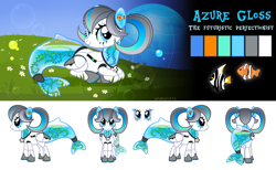 Size: 3315x2036 | Tagged: safe, artist:amarantastar, imported from derpibooru, oc, oc only, oc:azure gloss, fish, merpony, pony, robot, robot pony, aquarium, female, fish tail, frutiger aero, mare, reference sheet, solo, tail, transparent flesh