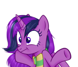 Size: 2400x2048 | Tagged: artist needed, safe, imported from twibooru, oc, alicorn, pony, /mlp/, /ptfg/, 4chan, alicorn oc, clothes, horn, image, oc name needed, png, purple alicorn (fo:e), scarf, shrug, simple background, solo, transparent background, wings