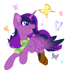 Size: 2003x2003 | Tagged: safe, artist:squirrel, imported from twibooru, oc, oc only, alicorn, butterfly, insect, pony, /mlp/, /ptfg/, 4chan, alicorn oc, boots, clothes, commission, female, flying, happy, horn, image, mare, oc name needed, png, purple alicorn (fo:e), scarf, shoes, signature, simple background, solo, spread wings, two toned wings, two-toned wings, white background, wings, ych result