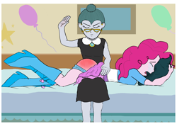 Size: 1300x1000 | Tagged: artist needed, source needed, safe, imported from derpibooru, cloudy quartz, pinkie pie, human, equestria girls, bed, crying, discipline, duo, duo female, eyes closed, female, humanized, mother and child, mother and daughter, over the knee, pillow, punishment, spank mark, spanking, tears of pain, teenager