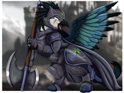 Size: 3527x2657 | Tagged: safe, artist:pridark, imported from derpibooru, oc, oc only, griffon, armor, axe, battle axe, griffon oc, solo, weapon