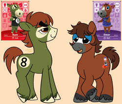 Size: 2000x1700 | Tagged: safe, artist:leopardsnaps, derpibooru exclusive, imported from derpibooru, earth pony, pony, animal crossing, blaze (coat marking), buck (animal crossing), coat markings, colored hooves, duo, duo male, elmer (animal crossing), elmer's glue, facial markings, hooves, lidded eyes, male, open mouth, ponified, raised hoof, simple background, smiling, socks (coat markings), stallion, thick eyebrows, unshorn fetlocks