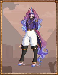 Size: 2682x3485 | Tagged: safe, artist:kirasunnight, imported from derpibooru, oc, oc only, anthro, unguligrade anthro, unicorn, blindfold, clothes, cloven hooves, female, hands behind back, horn, uniform