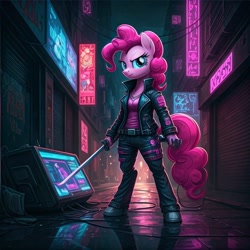 Size: 1024x1024 | Tagged: safe, generator:nightcafe ai, imported from twibooru, pinkie pie, ai content, ai generated, cyberpunk, generator:google imagen 3.0, image, music, needs more jpeg, ninja