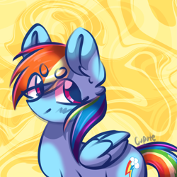 Size: 2241x2241 | Tagged: safe, artist:cupute, imported from derpibooru, rainbow dash, big ears, blue body, blush lines, blushing, circle eyebrows, colored background, cute, dashabetes, ear fluff, ears up, female, folded wings, halfbody, looking to the left, looking up, multicolored hair, pink eyes, rainbow hair, round eyebrows, shading, shiny mane, simple, simple background, smiling, smiling at someone, solo, solo female, standing, swirl, wings, yellow background