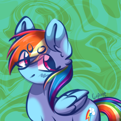 Size: 2241x2241 | Tagged: safe, artist:cupute, imported from derpibooru, rainbow dash, big ears, blue body, blush lines, blushing, circle eyebrows, colored background, cute, dashabetes, ear fluff, ears up, female, folded wings, green background, halfbody, looking to the left, looking up, multicolored hair, pink eyes, rainbow hair, round eyebrows, shading, shiny mane, simple, simple background, smiling, smiling at someone, solo, solo female, standing, swirl, wings