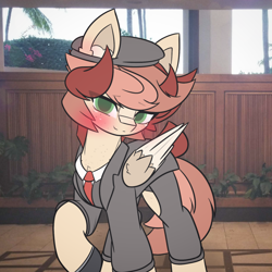 Size: 1660x1659 | Tagged: safe, artist:sodapop sprays, imported from derpibooru, oc, oc only, oc:fizzure sprays, pegasus, pony, blushing, clothes, eye clipping through hair, handsome, hat, irl background, looking at you, male, solo, stallion, suit