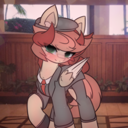 Size: 1660x1660 | Tagged: safe, artist:sodapop sprays, imported from derpibooru, oc, oc only, oc:fizzure sprays, pegasus, pony, blushing, clothes, eye clipping through hair, handsome, hat, irl background, looking at you, male, solo, stallion, suit