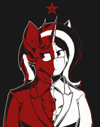 Size: 2200x2800 | Tagged: safe, artist:marusya, imported from derpibooru, oc, oc only, oc:schworz, anthro, unicorn, ear fluff, female, hammer and sickle, horn, simple background, solo