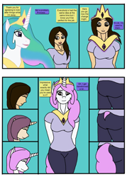 Size: 750x1050 | Tagged: dead source, safe, artist:sephirothwolf, imported from derpibooru, princess celestia, oc, alicorn, anthro, human, pony, character to character, comic, crown, dialogue, female, human oc, human to anthro, human to pony, jewelry, peytral, regalia, transformation, transformation sequence, twinning