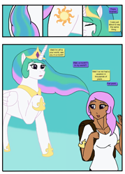 Size: 750x1050 | Tagged: dead source, safe, artist:sephirothwolf, imported from derpibooru, princess celestia, alicorn, human, pony, anthro to pony, backpack, dialogue, female, human to pony, humanized, mare, pony to human, transformation, transformation sequence, twinning, vacation