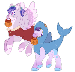 Size: 1607x1536 | Tagged: safe, artist:plixine, imported from derpibooru, oc, oc only, oc:cloudy color, oc:nefelibata, earth pony, pegasus, pony, animal costume, clothes, costume, dress, female, mare, mouth hold, pumpkin bucket, shark costume, simple background, transparent background