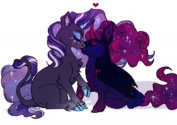 Size: 1414x1000 | Tagged: safe, artist:theartfox2468, imported from derpibooru, nightmare moon, nightmare rarity, princess luna, rarity, alicorn, pony, unicorn, alternate hairstyle, curved horn, dance of the nightmares, description is relevant, duo, duo female, eyes closed, eyeshadow, fangs, female, heart, horn, kissing, leonine tail, lesbian, makeup, mare, markings, rariluna, redesign, self paradox, self ponidox, selfcest, shipping, simple background, tail, unshorn fetlocks, white background