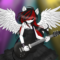 Size: 1024x1024 | Tagged: safe, artist:ella_starshade, imported from derpibooru, oc, oc:twisted clouds, anthro, pegasus, clothes, ear piercing, goth, gothic lolita, guitar, lolita fashion, musical instrument, piercing