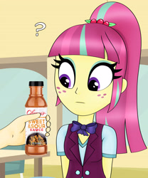 Size: 3500x4200 | Tagged: safe, artist:anonymousandrei, derpibooru exclusive, imported from derpibooru, sour sweet, human, equestria girls, clothes, crystal prep academy uniform, eyeshadow, female, food, hand, makeup, name pun, offscreen character, pun, sauce, school uniform, sweet and sour sauce, uniform