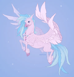 Size: 1920x2004 | Tagged: safe, artist:dementra369, imported from derpibooru, silverstream, hippogriff, beak, blue mane, blue tail, claws, female, flying, pink feathers, pink hooves, pink skin, purple eyes, raised leg, rearing, signature, solo, spread wings, tail, two toned mane, two toned tail, unshorn fetlocks, wings