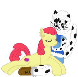 Size: 1010x1000 | Tagged: safe, artist:xada, imported from derpibooru, apple bloom, oc, big cat, earth pony, leopard, pony, snow leopard, canon x furry, clothes, duo, ear scratch, eyes closed, furry, furry oc, gray eyes, jacket, scratching, shoes, simple background, sitting, sitting on lap, spotted fur, sweater, transparent background, whiskers, white fur