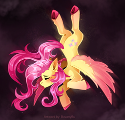 Size: 2613x2517 | Tagged: safe, artist:buvanybu, imported from derpibooru, fluttershy, pegasus, pony, colored wings, eyes closed, female, flying, mare, pink hooves, pink mane, pink tail, signature, tail, two toned wings, unshorn fetlocks, upside down, wings, yellow coat