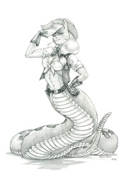 Size: 964x1350 | Tagged: safe, artist:baron engel, imported from derpibooru, applejack, anthro, lamia, original species, applejack's hat, clothes, cowboy hat, female, gloves, hat, lamiafied, mare, monochrome, pencil drawing, species swap, traditional art