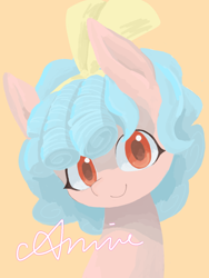 Size: 1080x1440 | Tagged: safe, artist:aaaaamia, imported from derpibooru, cozy glow, pegasus, pony, female, filly, foal, hair ribbon, looking at you, orange background, ribbon, signature, simple background, smiling, smiling at you, solo, upper body