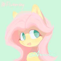 Size: 1080x1080 | Tagged: safe, artist:aaaaamia, imported from derpibooru, fluttershy, pegasus, pony, :d, blushing, character name, female, green background, mare, open mouth, open smile, signature, simple background, smiling, solo, upper body