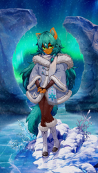 Size: 1702x3000 | Tagged: safe, artist:dogs, derpibooru exclusive, imported from derpibooru, oc, oc only, anthro, anthro oc, aurora borealis, clothes, coat, collage, glowing, green eyes, green hair, green tail, ice, oc name needed, orange coat, photoshop, scenery, snow, tail