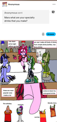 Size: 1175x2516 | Tagged: safe, artist:ask-luciavampire, imported from derpibooru, oc, oc:lightning eggstrike, oc:mara siren, oc:nightscar, alicorn, earth pony, pony, succubus, unicorn, alcohol, ask, bar, bloody mary, drink, horn, magical lesbian spawn, martini, offspring, parent:octavia melody, parent:vinyl scratch, parents:scratchtavia, tumblr, tumblr:ask-midnight-garden-ponys, whiskey