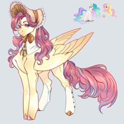 Size: 2000x2000 | Tagged: safe, artist:adaodeus, imported from derpibooru, fluttershy, princess celestia, oc, oc:honey rose, alicorn, pegasus, pony, blue eyes, bonnet, coat markings, colored hooves, colored wings, female, folded wings, fusion, fusion:flutterlestia, fusion:fluttershy, fusion:princess celestia, gradient wings, gray background, hat, hooves, mare, pinto, simple background, solo, spats, wings