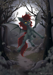 Size: 935x1323 | Tagged: safe, artist:calena, imported from derpibooru, oc, oc:hattrick, bat pony, bat pony oc, bat wings, commission, dead tree, female, flying, forest, lake, leaves, moon, nature, poster, scary, solo, solo female, tree, water, wings