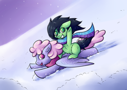 Size: 2922x2066 | Tagged: safe, artist:coco-drillo, imported from derpibooru, rainbowshine, oc, oc:filly anon, earth pony, pegasus, pony, 4chan, clothes, female, filly, hill, looking at you, messy mane, scarf, simple background, sleigh, snow, snowboarding