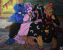 Size: 5000x4000 | Tagged: safe, artist:fetishsketches, imported from derpibooru, princess luna, starlight glimmer, sunset shimmer, oc, oc:alex, alicorn, anthro, plantigrade anthro, unicorn, barefoot, commission, digital art, feet, horn