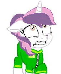 Size: 236x288 | Tagged: safe, artist:weker, imported from derpibooru, oc, oc only, oc:sweetieck dreams, pony, unicorn, butt, cape, clothes, clubhouse, colored hooves, cute, eyelashes, female, filly, foal, hooves, horn, indoors, not sweetie belle, orange eyes, simple background, solo, squid game, tail, two toned mane, two toned tail, unicorn horn, white background