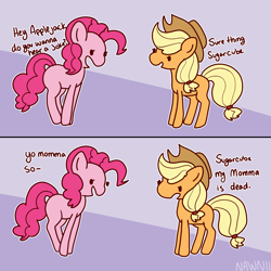 Size: 1700x1700 | Tagged: safe, artist:nawnii, imported from derpibooru, applejack, pinkie pie, earth pony, pony, 2 panel comic, comic, duo, female, mare, my parents are dead, solo, yo mama