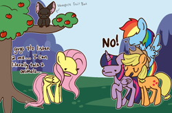 Size: 1224x803 | Tagged: safe, artist:nawnii, imported from derpibooru, applejack, fluttershy, rainbow dash, twilight sparkle, alicorn, bat, earth pony, fruit bat, pegasus, pony, vampire fruit bat, bats!, apple, apple tree, food, my little pony, text, tree, twilight sparkle (alicorn)