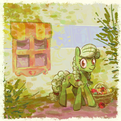 Size: 3200x3200 | Tagged: safe, artist:boxwari, imported from derpibooru, granny smith, earth pony, pony, apple, basket, female, food, high res, looking at you, mare, missing accessory, outdoors, smiling, smiling at you, solo, window, young granny smith, younger