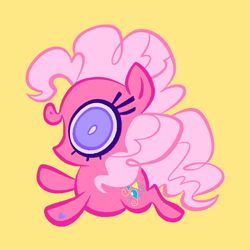 Size: 2048x2048 | Tagged: safe, artist:janegumball, imported from derpibooru, pinkie pie (g3), earth pony, pony, chibi, female, g3, high res, looking at you, mare, open mouth, open smile, simple background, smiling, smiling at you, solo, white pupils, yellow background