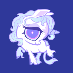 Size: 2048x2048 | Tagged: safe, artist:janegumball, imported from derpibooru, classical unicorn, pony, unicorn, big eyes, blue background, chibi, cloven hooves, female, hoof fluff, horn, lady amalthea, leonine tail, long feather, looking at you, mare, simple background, smiling, smiling at you, solo, standing on two hooves, the last unicorn, turned head, unshorn fetlocks, white pupils