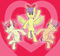 Size: 2700x2500 | Tagged: safe, artist:fuckomcfuck, imported from derpibooru, oc, oc only, oc:blossom, oc:bubbles, oc:buttercup, earth pony, pegasus, pony, unicorn, heart, heart background, horn, magical lesbian spawn, offspring, parent:apple bloom, parent:scootaloo, parent:sweetie belle, parents:scootabelle, parents:scootabloom, parents:sweetiebloom, the powerpuff girls, trio