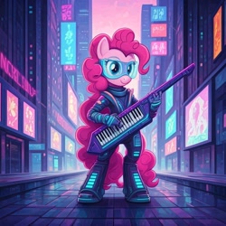 Size: 1024x1024 | Tagged: safe, generator:nightcafe ai, imported from twibooru, pinkie pie, ai content, ai generated, cyberpunk, generator:google imagen 3.0, image, music, needs more jpeg, ninja