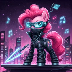 Size: 1024x1024 | Tagged: safe, generator:nightcafe ai, imported from twibooru, pinkie pie, ai content, ai generated, cyberpunk, generator:google imagen 3.0, image, music, needs more jpeg, ninja