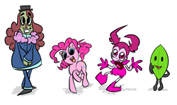 Size: 3900x2325 | Tagged: source needed, safe, artist:saltycube, imported from derpibooru, pinkie pie, pony, 2019, battle for dream island, blush sticker, blushing, clothes, crossover, eyelashes, gritted teeth, group, hat, leaf, leafy (battle for dream island), long sleeves, object, open mouth, quartet, simple background, smiling, steven universe, teeth, top hat, white background