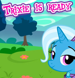 Size: 446x465 | Tagged: safe, imported from derpibooru, trixie, costs real money, cropped, gameloft, lidded eyes, looking at you, meme, text, tree, wow! glimmer