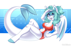 Size: 4500x2907 | Tagged: safe, artist:madelinne, imported from derpibooru, oc, oc only, oc:spicy mint, anthro, original species, shark, shark pony, bat wings, clothes, female, fish tail, looking at you, mare, shark tail, solo, swimsuit, tail, wings