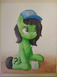 Size: 3000x4000 | Tagged: safe, artist:zocidem, imported from derpibooru, oc, oc only, oc:filly anon, earth pony, pony, cap, female, filly, hat, jar, sitting, solo