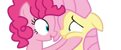 Size: 1166x480 | Tagged: safe, artist:jadeharmony, imported from derpibooru, fluttershy, pinkie pie, earth pony, pegasus, pony, base used, cute, diapinkes, female, floppy ears, flutterpie, hooves on cheeks, lesbian, looking at each other, looking at someone, open mouth, open smile, shipping, shyabetes, smiling, squishy cheeks