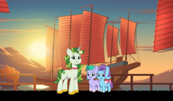 Size: 1853x1079 | Tagged: safe, artist:caseyben887, artist:prixy05, imported from derpibooru, earth pony, pegasus, pony, unicorn, bow, cloud, coat markings, female, fence, filly, flag, foal, g5, glory (g5), hill, horn, jetty, leaf pony, leaves, leaves in hair, mare, my little pony: tell your tale, ocean, outdoors, pier, pippsqueaks, rope, seashell (g5), shadow fight 2, ship (vehicle), sky, socks (coat markings), stone, sun, sunset, tail, tail bow, trio, water, window