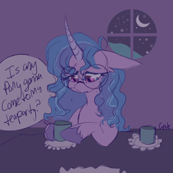 Size: 2048x2048 | Tagged: safe, artist:cupute, imported from derpibooru, izzy moonbow, unicorn, :c, alternative horn, big ears, colored hooves, crying, cup, cute, depressed, doodle, female, floppy ears, food, frown, g5, glasses, holding, hoof on something, hooves, horn, idea, izzybetes, looking at something, looking down, messy mane, moon, mountain, mug, night, raised hoof, sad, sad pony, sitting, sketch, solo, speech bubble, stars, table, tea, tea party, text, unshorn fetlocks, wavy mane, window