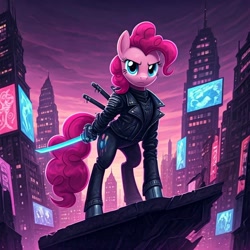 Size: 1024x1024 | Tagged: safe, generator:nightcafe ai, imported from twibooru, pinkie pie, ai content, ai generated, cyberpunk, generator:google imagen 3.0, image, music, needs more jpeg, ninja